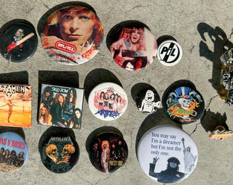 Large lot 15 Heavy Metal and Rock and Roll Vintage Buttons, Pins-Metallica GnR, Ozzy etc..