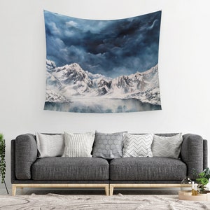 Mountain Wall Tapestry Art Tapestry Nature Tapestry Teal Sky Art Tapestry Modern Wall Decor Cotton Sateen Fabric Wall Hanging image 1