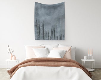 Grey Forest Wall Tapestry | Art Tapestry | Nature Tapestry | Tree Tapestry | Modern Wall Decor | Cotton Sateen Hanging | Black and White Art