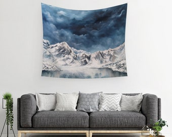 Mountain Wall Tapestry | Kunsttapijt | Natuurtapijt | Teal Sky Art | Moderne wanddecoratie | Katoen Satijn Stof Wanddecoratie