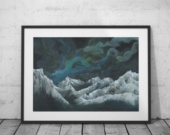 Besneeuwde berg Galaxy kunst aan de muur | Hedendaagse natuur Wall Art Print | Moderne Wall Decor | Hedendaagse Wall Decor | Ruimte Art Print