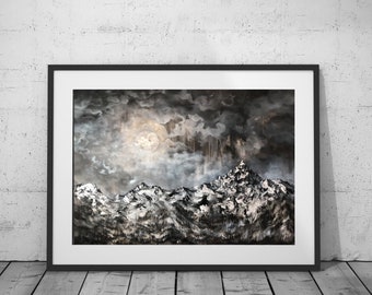 Volle maan Zilverberg kunst aan de muur | Hedendaagse natuur Wall Art Print | Moderne Wall Decor | Hedendaagse Wall Decor | Berg Art Print