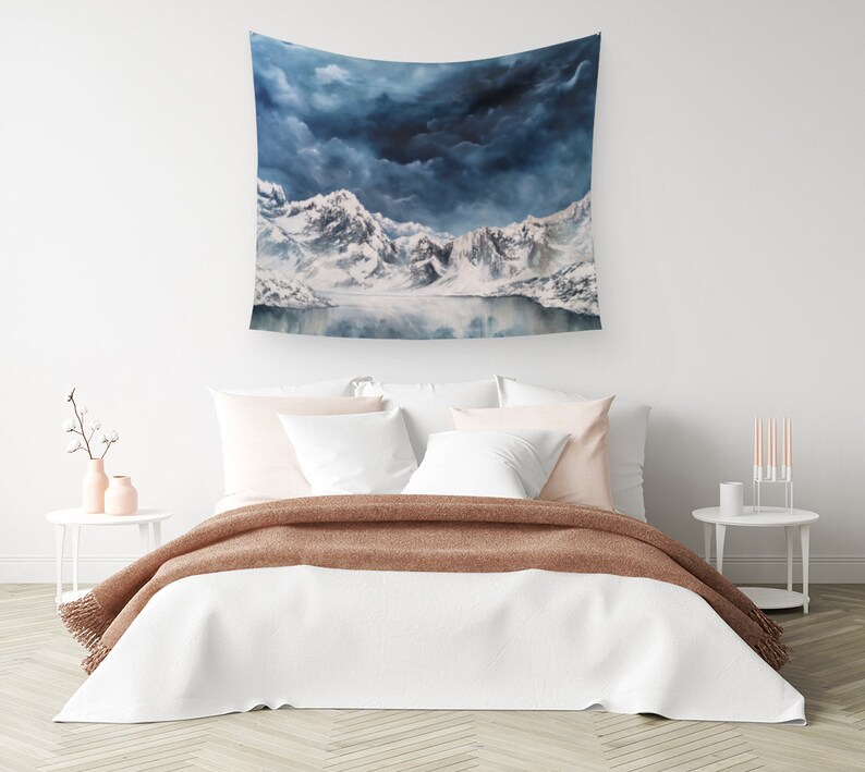Mountain Wall Tapestry Art Tapestry Nature Tapestry Teal Sky Art Tapestry Modern Wall Decor Cotton Sateen Fabric Wall Hanging image 3