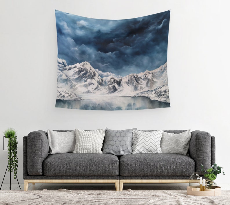 Mountain Wall Tapestry Art Tapestry Nature Tapestry Teal Sky Art Tapestry Modern Wall Decor Cotton Sateen Fabric Wall Hanging image 1