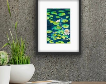 White Water Lilies. Original Watercolor Painting. Modern Art. Wall Art Decor. Perfect Gift for Birthday, Valentines Day, and Mother's Day.