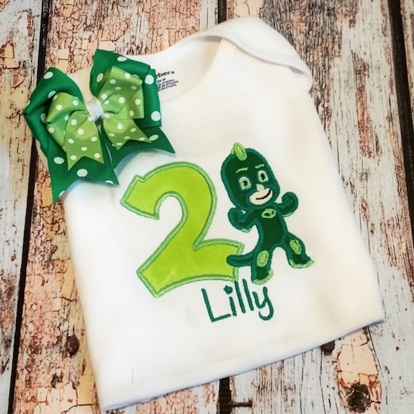 PJ Masks Gekko girls birthday shirt. 1st birthday shirt, 2nd birthday shirt, Personalized and custom to your theme and colors.