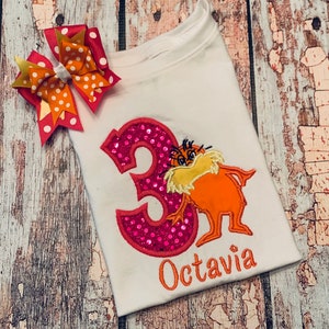 Lorax girls birthday shirt.  Perfect for photograhpy, birthday, prop.  Hairbow can be included.  Personalized to your name and colors.