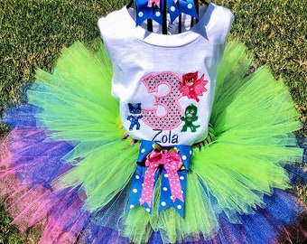 PJ Masks girl birthday outfit set.  1st, 2nd, 3rd birthday tutu set. Personalized and custom to your theme and colors.  PJ masks birthday