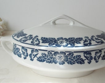 French lidded terrine white blue decoration with rose flowers Art Deco soup terrine from France