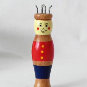 Old knitting doll cheerful wooden doll traditional costume doll handmade red blue painted image 1