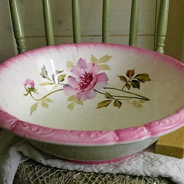 Antique French wash bowl hand painted with pink rose flowers circa 1870
