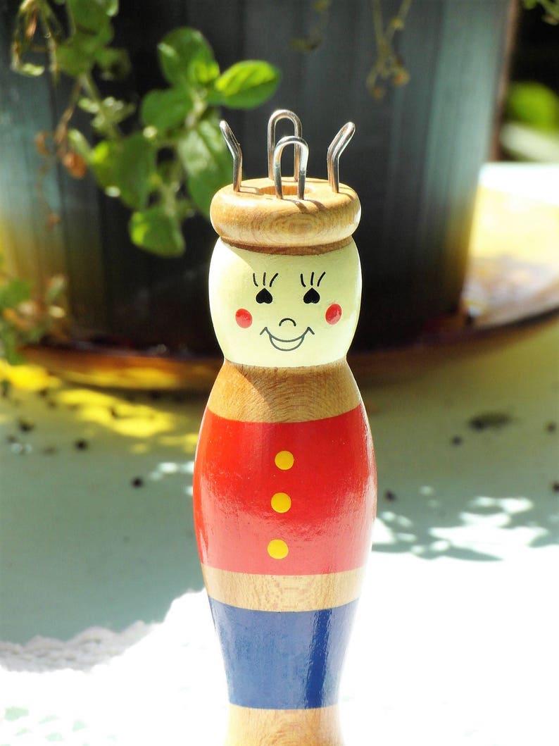 Old knitting doll cheerful wooden doll traditional costume doll handmade red blue painted image 3