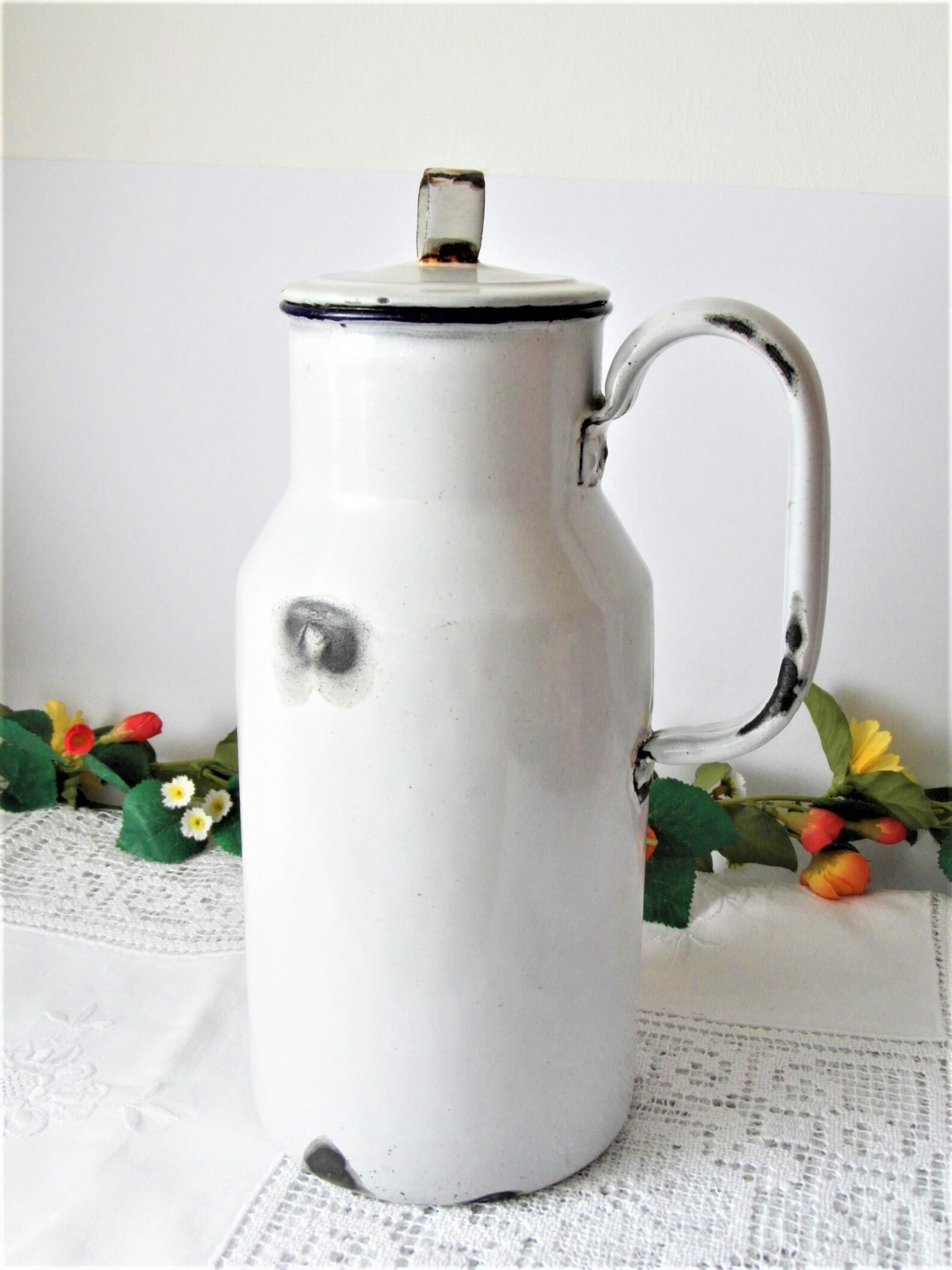 White Enamel Milk Jug Blue Edge Antique Enamel Jug With Metal Etsy