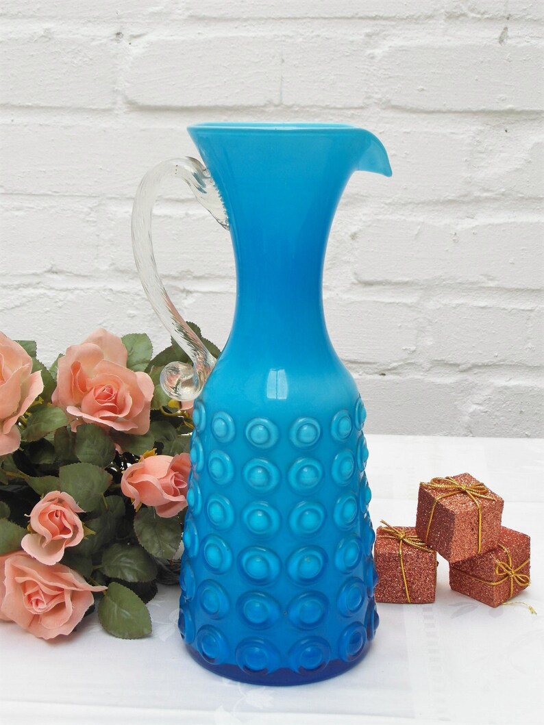 Vase 1960s overcatch glass jug art turquoise blue glass art carafe with bumps handmade flower vase decoration vase 1960s overcatch glass jug art