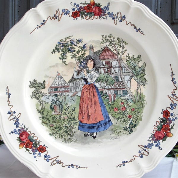 French serving plate SARREGUEMINES Obernai Alsace Lorraine faience plate with traditional costume decor from France