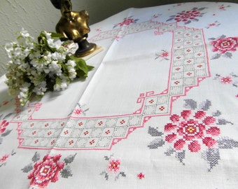 Tablecloth with flowers embroidery pink grey cross stitch cotton linen handmade from France - Charming Moments