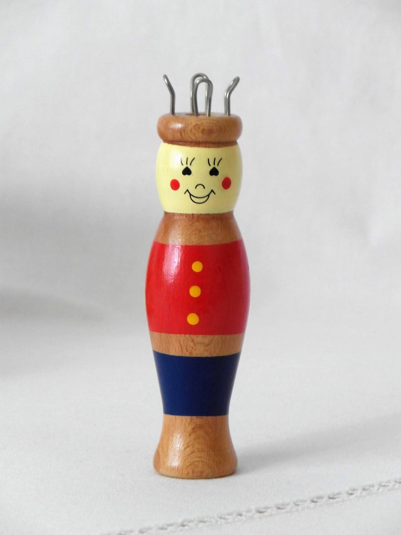 Old knitting doll cheerful wooden doll traditional costume doll handmade red blue painted image 1