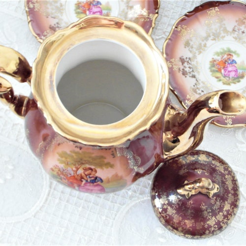 Antique Tete à Tete Mokka Porcelain Set Romantic Rococo shops Scenes and Gilding