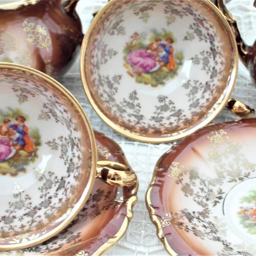 Antique Tete à Tete Mokka Porcelain Set Romantic Rococo shops Scenes and Gilding
