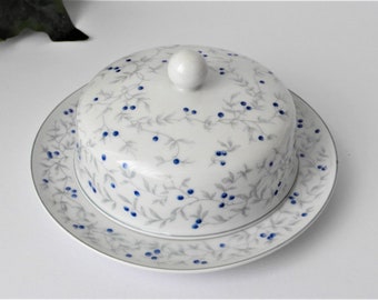 ARZBERG butter dish blue white decor BLUEBERRY with lid and fixed saucer