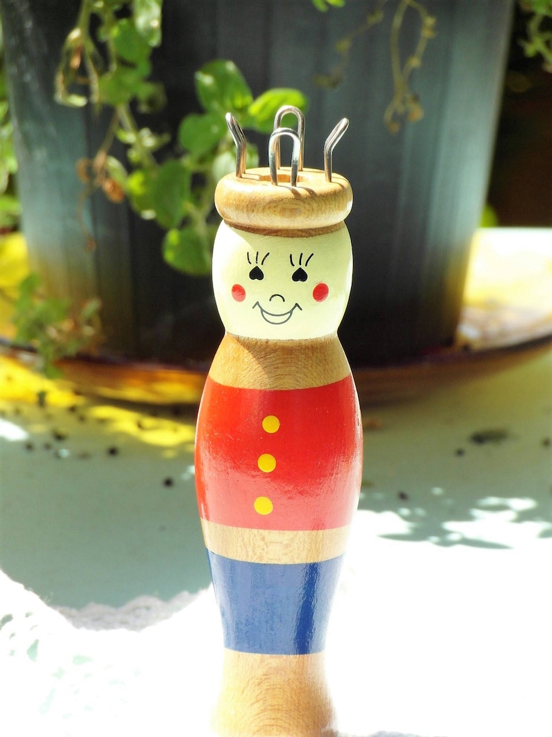 Old knitting doll cheerful wooden doll traditional costume doll handmade red blue painted image 5