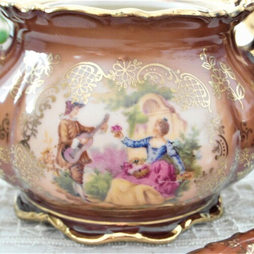 Antique Tete à Tete Mokka Porcelain Set Romantic Rococo shops Scenes and Gilding