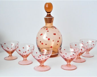 Decanter set & 6 glasses rose red white decor as brandy liqueur bar accessories