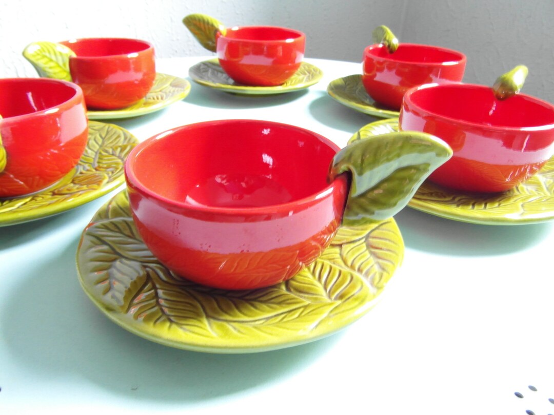 Soup Cups Set 6 People Red Green Ceramic Decor - Etsy