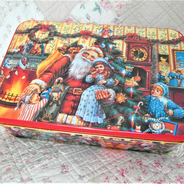 boîte de conserve vintage FACKELMANN boîte à couvercle avec des images de Noël colorées jouets pour enfants décor imprimé ange du Père Noël