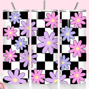 Daisies 20 oz skinny tumbler Wrap, Checkered daisies Tumbler Sublimation Design, Flowers Tumbler PNG,Floral Tumbler png