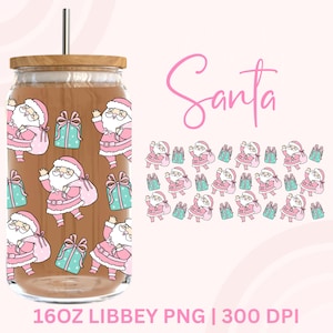 May include: A glass tumbler with a wooden lid and a metal straw. The tumbler features a repeating pattern of cartoon Santa Claus figures in pink outfits and teal gift boxes. The word "Santa" is written in pink script.