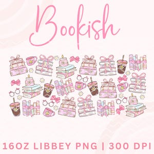 May include: A collection of pink and white bookish clipart featuring stacks of books, coffee cups, glasses, candles, and bows. The text "Bookish" is at the top of the image.