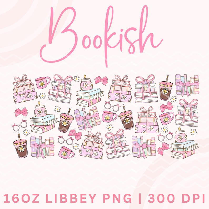 May include: A collection of pink and white bookish clipart featuring stacks of books, coffee cups, glasses, candles, and bows. The text "Bookish" is at the top of the image.