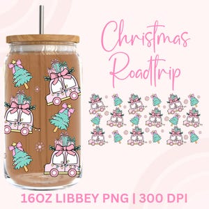 May include: A clear glass tumbler with a wooden lid and a silver straw. The tumbler is decorated with a repeating pattern of pink cars carrying gifts and teal Christmas trees. The words "Christmas Roadtrip" are written in pink script.