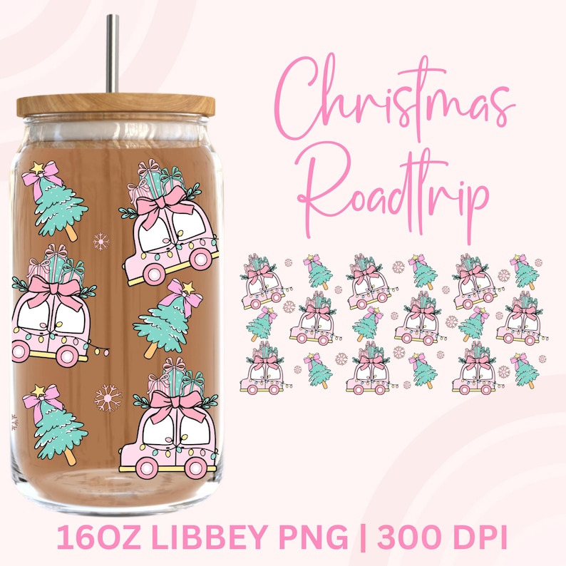 May include: A clear glass tumbler with a wooden lid and a silver straw. The tumbler is decorated with a repeating pattern of pink cars carrying gifts and teal Christmas trees. The words "Christmas Roadtrip" are written in pink script.