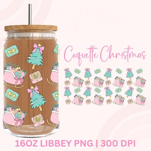 May include: A clear glass tumbler with a bamboo lid and a silver straw. The tumbler features a repeating pattern of Christmas trees, gift boxes, and sleighs in pastel shades. The text "Coquette Christmas" is also visible.
