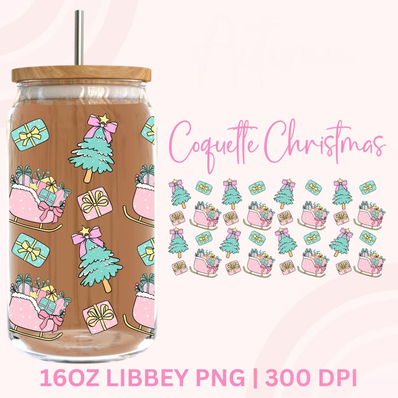 May include: A clear glass tumbler with a bamboo lid and a silver straw. The tumbler features a repeating pattern of Christmas trees, gift boxes, and sleighs in pastel shades. The text "Coquette Christmas" is also visible.