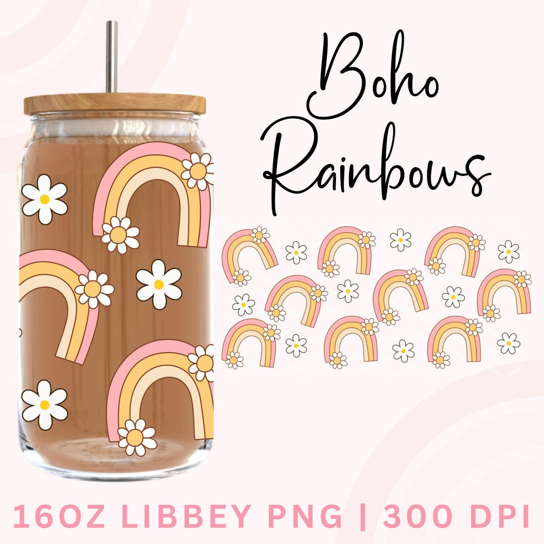 Boho Rainbows Libbey Wrap, Rainbow 16oz Glass Can Wrap, Daisy Glass Cup ...