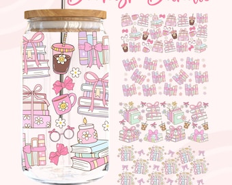 Books Coffee Glass Can Png Bundle,Coffee Books png, Bookish Girly Png, Coquette Glass Can Png,16 Oz Libbey Wrap,Bookish png,Girly Png,UV DTF
