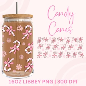 May include: A clear glass tumbler with a wooden lid and a silver straw. The tumbler features a brown background with a pattern of pink candy canes and snowflakes. The words "Candy Canes" are written in pink script.