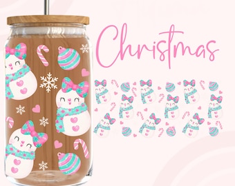 Christmas Libbey Png,Pink Christmas png, Snowman libbey Png, Christmas Glass Can Png, 16 Oz Libbey Wrap,Girly Png, Glass Can Wrap, UV DTF