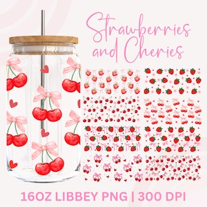 May include: A clear glass tumbler with a wooden lid and a metal straw. The tumbler is decorated with red cherries tied with pink bows and small red hearts. The words "Strawberries and Cherries" are written in pink script.