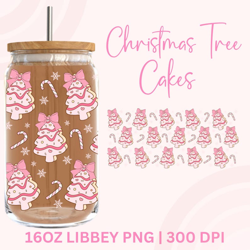 May include: A clear glass tumbler with a wooden lid and a silver straw. The tumbler has a repeating pattern of pink Christmas tree designs with bows and candy canes. The text "Christmas Tree Cakes" is in pink script.