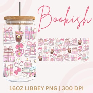 Books Coffee Glass Can Png,Coffee Books png, Bookish Girly Png, Coquette Glass Can Png, 16 Oz Libbey Wrap,Girly Png, Glass Can Wrap, UV DTF