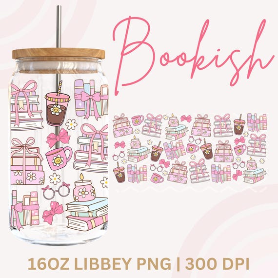 Books Coffee Glass Can Png,Coffee Books png, Bookish Girly Png, Coquette Glass Can Png, 16 Oz Libbey Wrap,Girly Png, Glass Can Wrap, UV DTF