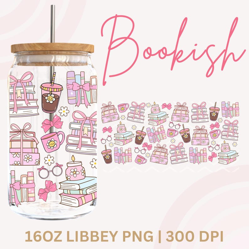 Books Coffee Glass Can Png,Coffee Books png, Bookish Girly Png, Coquette Glass Can Png, 16 Oz Libbey Wrap,Girly Png, Glass Can Wrap, UV DTF image 1