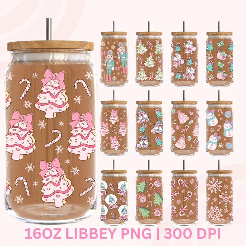 May include: A selection of 16oz Libbey PNG glass cups featuring festive Christmas designs. The cups showcase images of Christmas trees, snowflakes, candy canes, and Santa Claus. Each cup is topped with a bamboo lid and a silver straw.