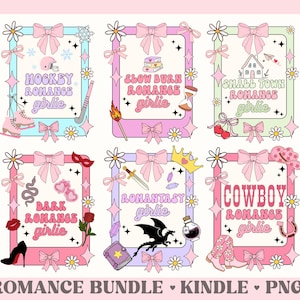 Puede incluir: Seis ilustraciones enmarcadas en colores pastel, cada una representando un tema romántico diferente: hockey, slow burn, pueblo pequeño, oscuro, romantasy y vaquero. El texto "Romance Bundle Kindle PNG" está en la parte inferior de la imagen.