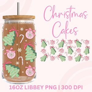 May include: A glass tumbler with a wooden lid and a metal straw, decorated with festive Christmas motifs. The design includes green Christmas trees, pink baubles, and candy canes. The words "Christmas Cakes" are written in pink script.
