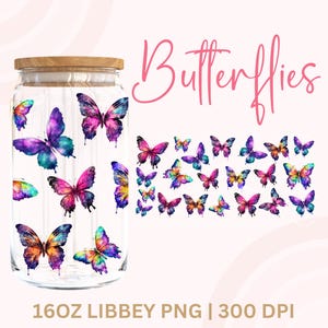 May include: A clear glass jar with a wooden lid, decorated with colorful butterfly graphics. The jar is 16 ounces and the graphics are in a watercolor style. The text "Butterflies" is written in pink above the jar. The text "16OZ LIBBEY PNG | 300 DPI" is written below the jar.